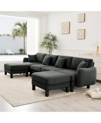 Boucle U-Shape Sectional Sofa with Ottomans & Shell Armrests