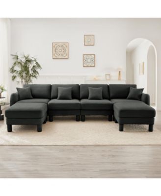 Boucle U-Shape Sectional Sofa with Ottomans & Shell Armrests