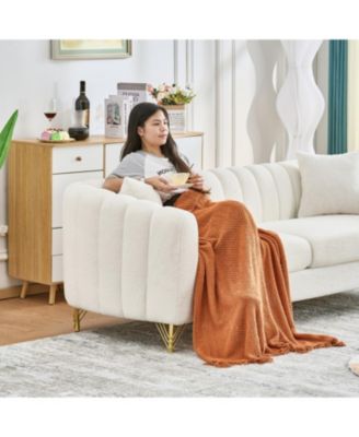  85" Chenille Sofa, 3 Seater Deep Couch, Tufted, Gold Legs (Beige