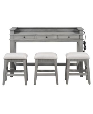 4-Piece Retro Dining Table Set with 3 Storage Drawers (Light Grey)