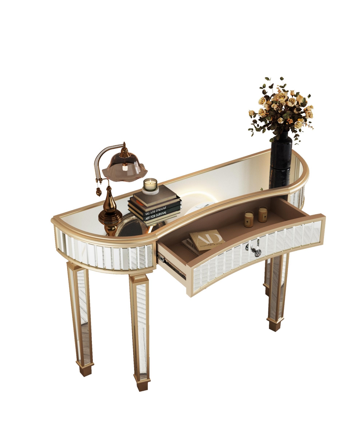 Streamdale Furniture Streamdale 47" Half-Moon Mirrored Console Table - Fluted Glass & Crystal Knob