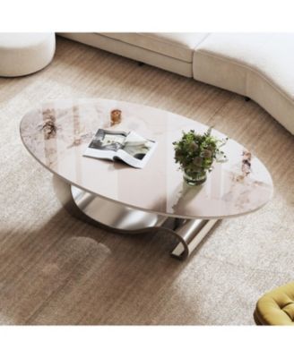 49" Faux Marble Oval Coffee Table, Steel Base