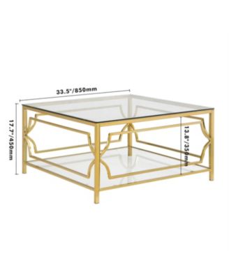  Square Glass Coffee Table, Gold Geometric Frame, Lower Shelf