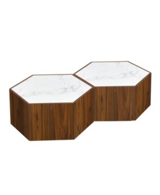 Rustic Hexagonal Coffee Table, Drawers, Marble Top, Light Oak