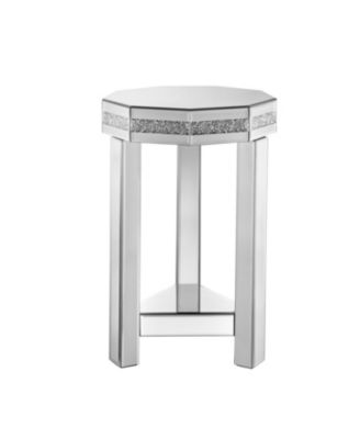 Mirrored Octagon End Table with Crystals, 2-Tier Silver Accent Table