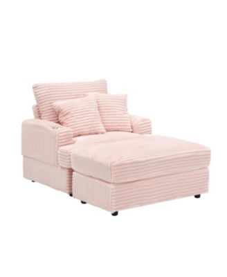 Corduroy Armchair & Ottoman Set with Cup Holder