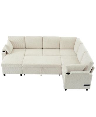 109.9" U-Shaped Sectional Sofa Bed with Storage, Cup Holders & Charging