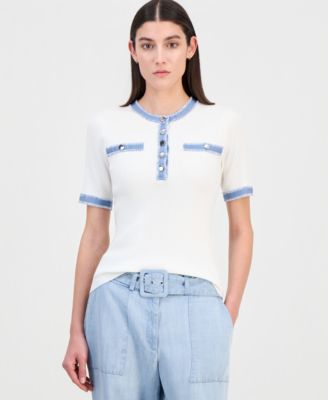 Women's Denim-Trim Ribbed Short-Sleeve Top
