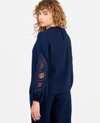 Women's Embroidered-Sleeve Crewneck Blouse