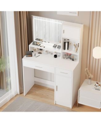 Vanity Desk with Mirror, LED Light, Drawer & Storage