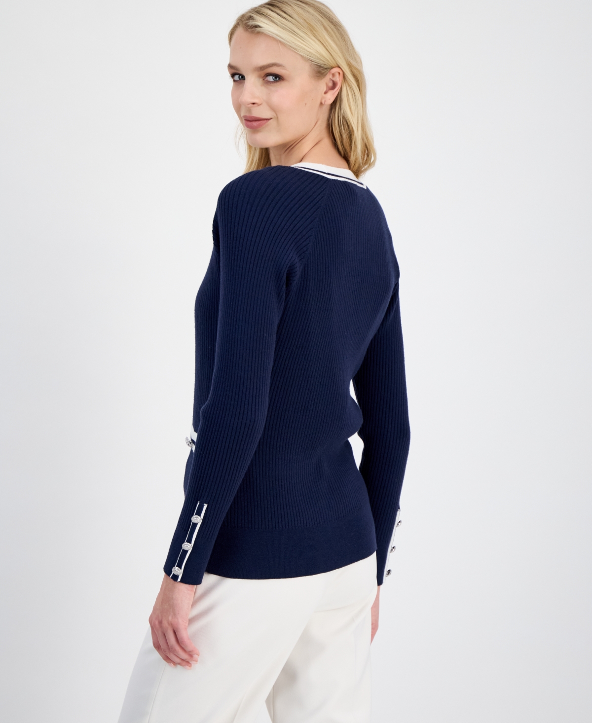 T Tahari Women's Contrast-Trim Ribbed Knit Button-Front Cardigan