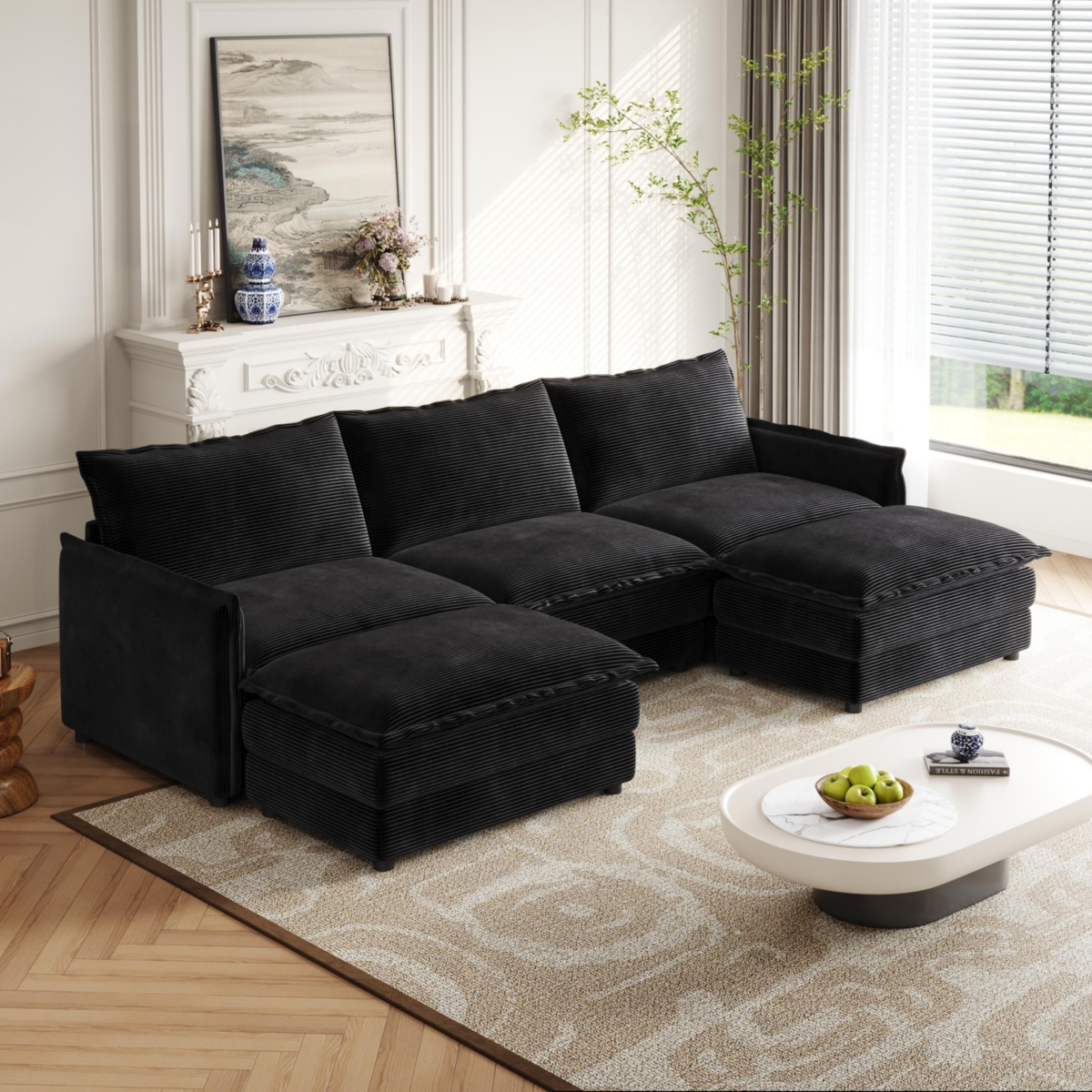 Streamdale Furniture Corduroy 3-Seater Cloud Couch with Footrests & Cushions