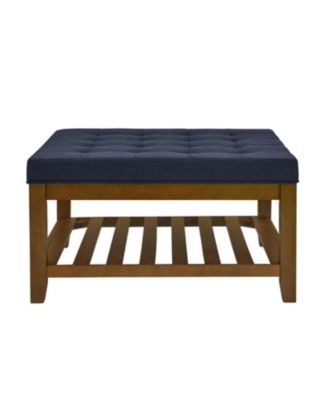 Streamdale Navy Blue Linen Tufted Ottoman w/ Wood Frame & Shelf