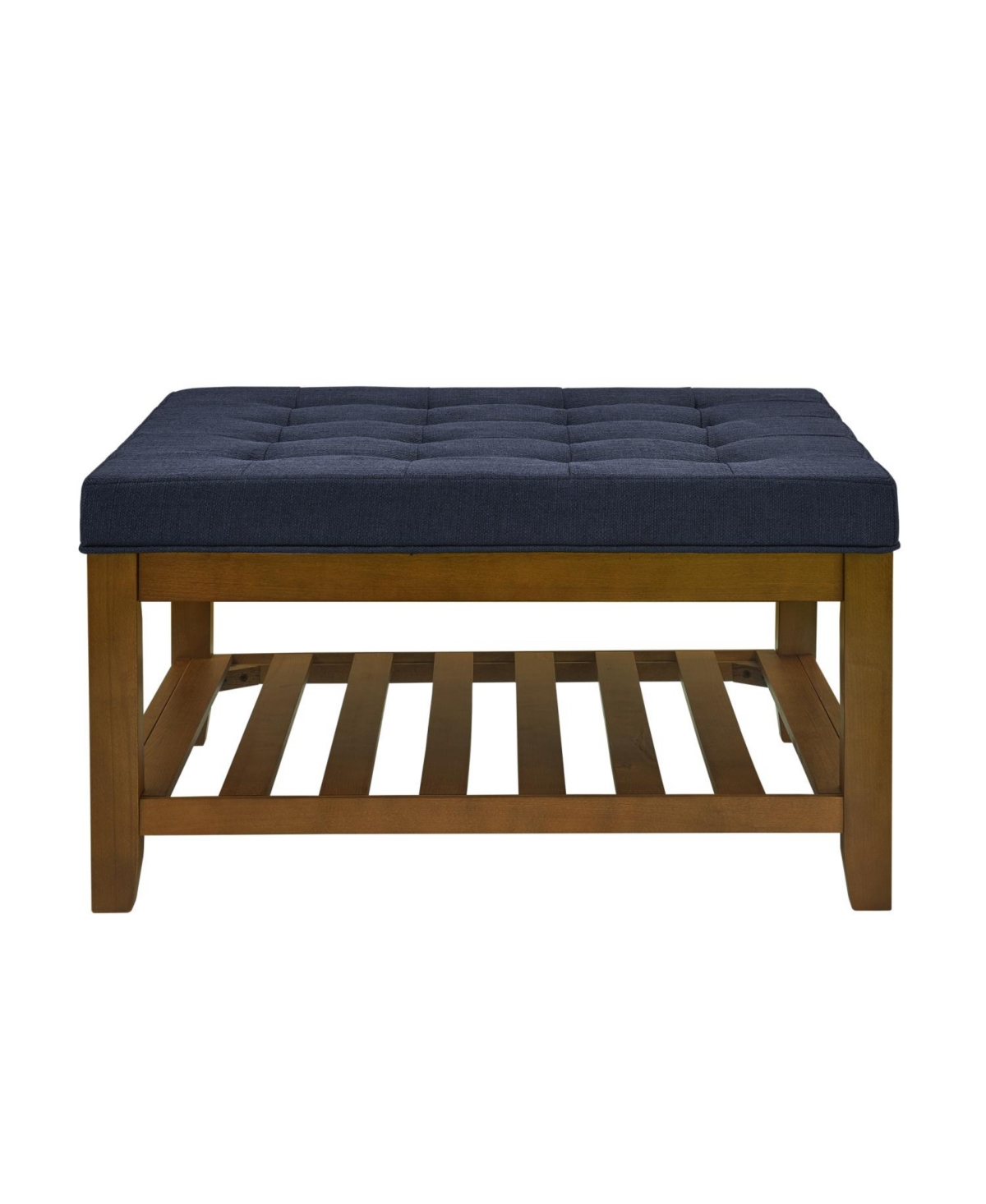 Streamdale Navy Blue Linen Tufted Ottoman w/ Wood Frame & Shelf