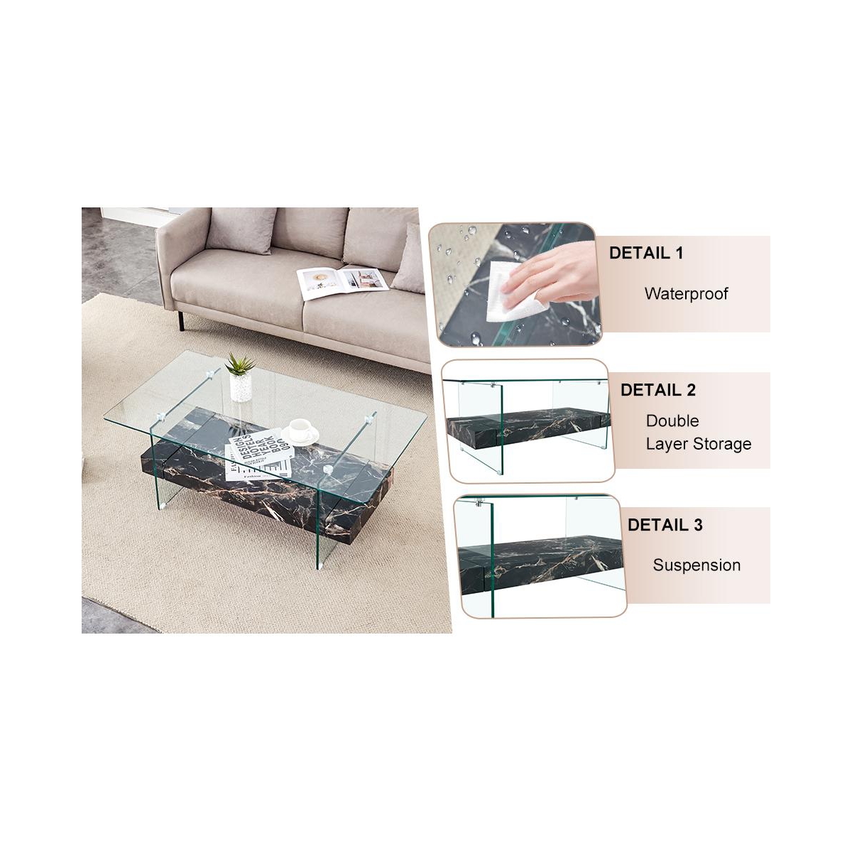 Streamdale Furniture Streamdale Modern Two-Tier Coffee Table Glass and Marble Pattern