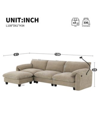 108" Modular Sectional Sofa Wide Seat USB Charger Ottoman