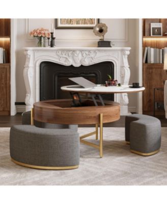 Lift-Top Coffee Table Walnut Veneer Ottomans