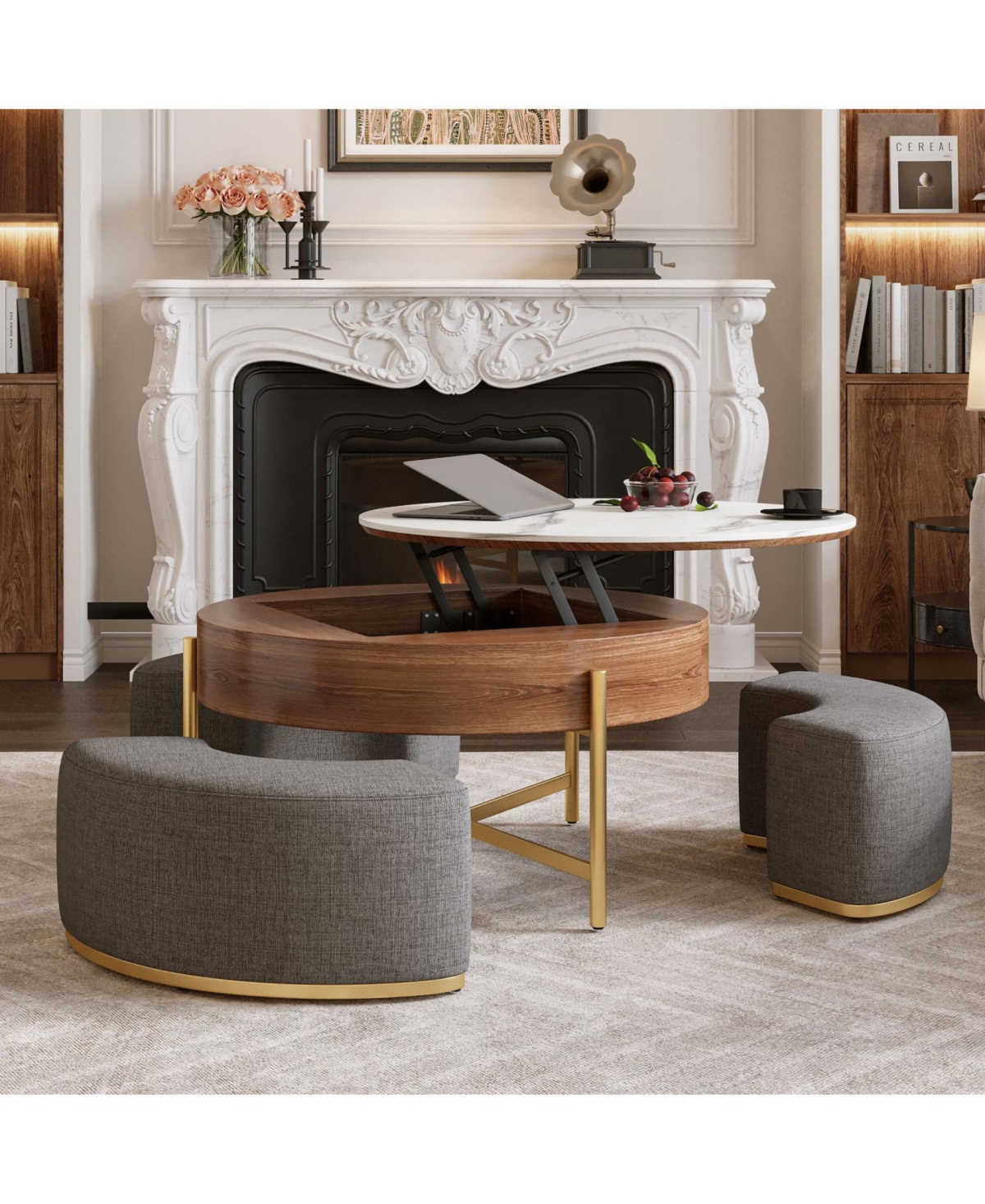 Streamdale Furniture Lift-Top Coffee Table Walnut Veneer Ottomans