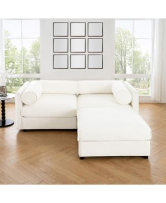 White Chenille 2-Seater Sofa with Storage Ottoman