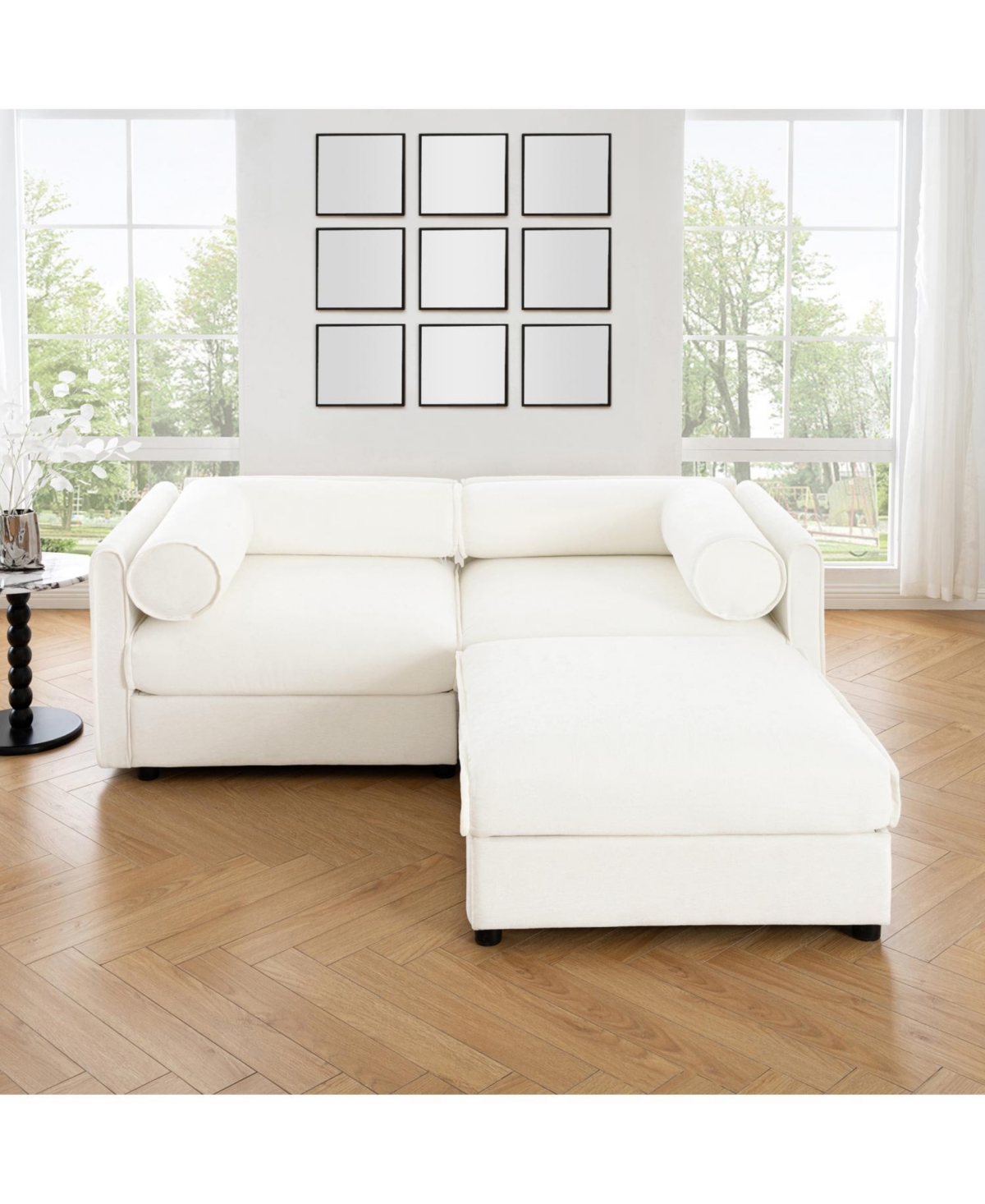 Streamdale Furniture White Chenille 2-Seater Sofa with Storage Ottoman