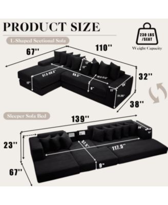 Oversize Cloud Sectional Couch, L-Shape Sofa Bed, 8 Pillows, Corduroy, Black