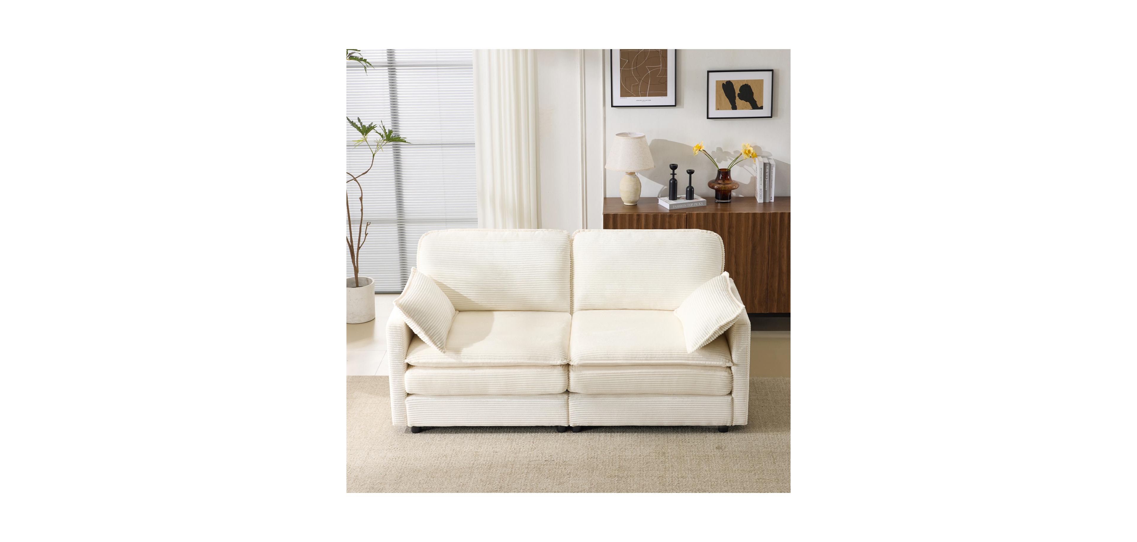 Streamdale Furniture 69" Plush Cloud Loveseat- Modular Sofa w/ Beige Chenille Cushions & Throw Pillows