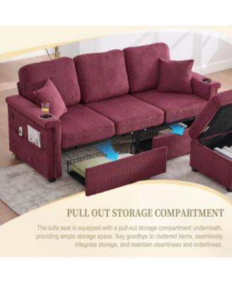 L-Shaped Sectional Sofa w/ Storage Ottoman, USB, Cup Holder, Corduroy