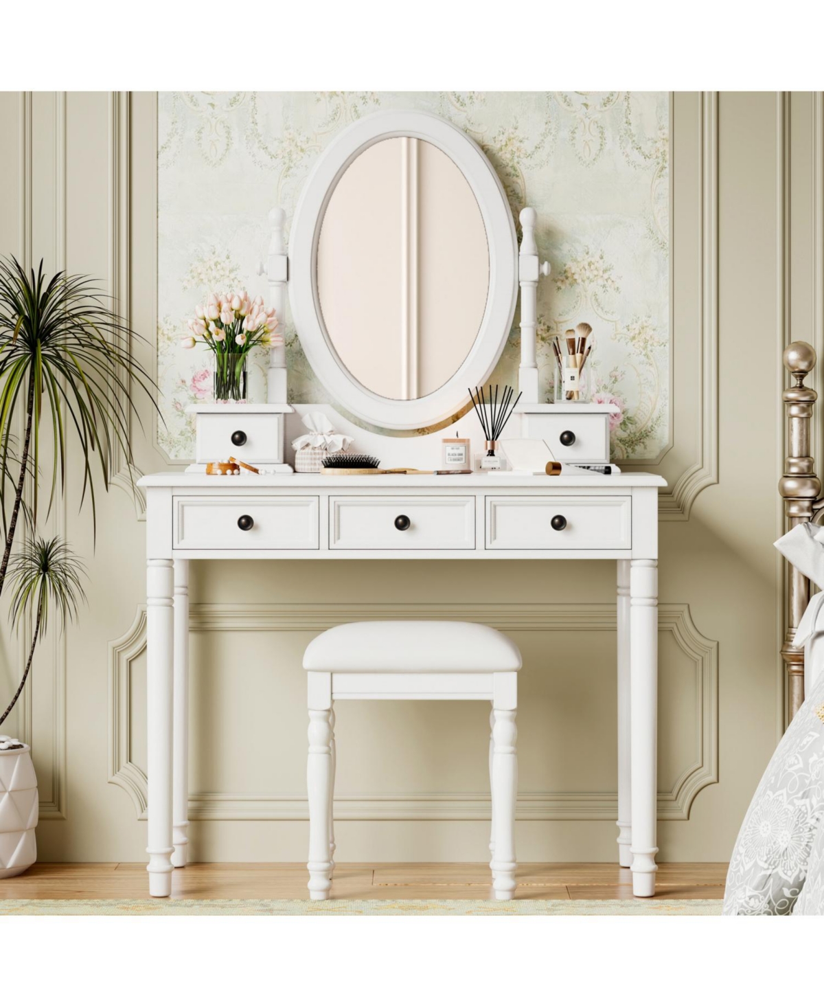 Streamdale Vanity Desk with Adjustable Mirror, Cushioned Stool & 5 Drawers - White