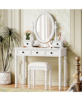 Streamdale Vanity Desk with Adjustable Mirror, Cushioned Stool & 5 Drawers - White