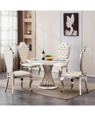 47" Round Marble Dining Table, High Gloss Faux Marble Top, Stainless Steel Base