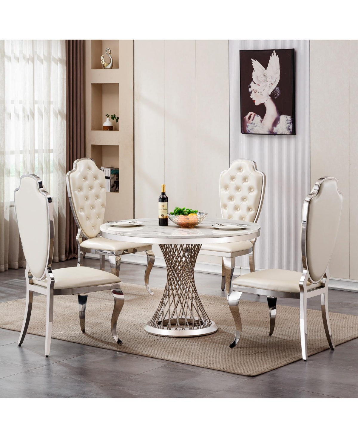 Streamdale Furniture 47" Round Marble Dining Table, High Gloss Faux Marble Top