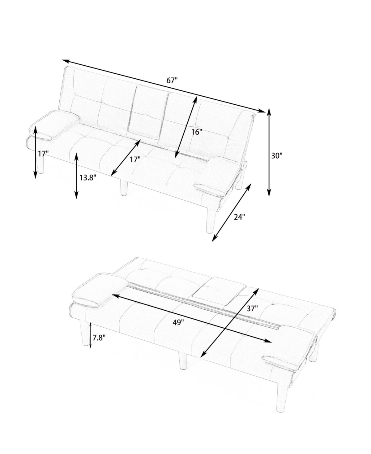 Streamdale Furniture 67" Black Pvc Multifunctional Sofa Bed with Foldable Design & Cup Holder