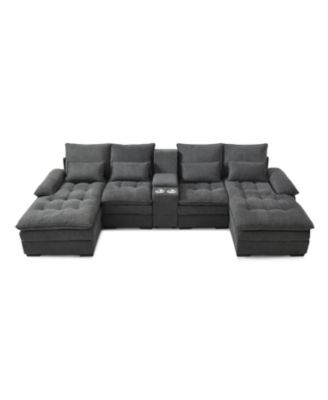 130" U-Shaped Sofa with Console, Cupholders, Sleeper Couch, Chaise (Grey)