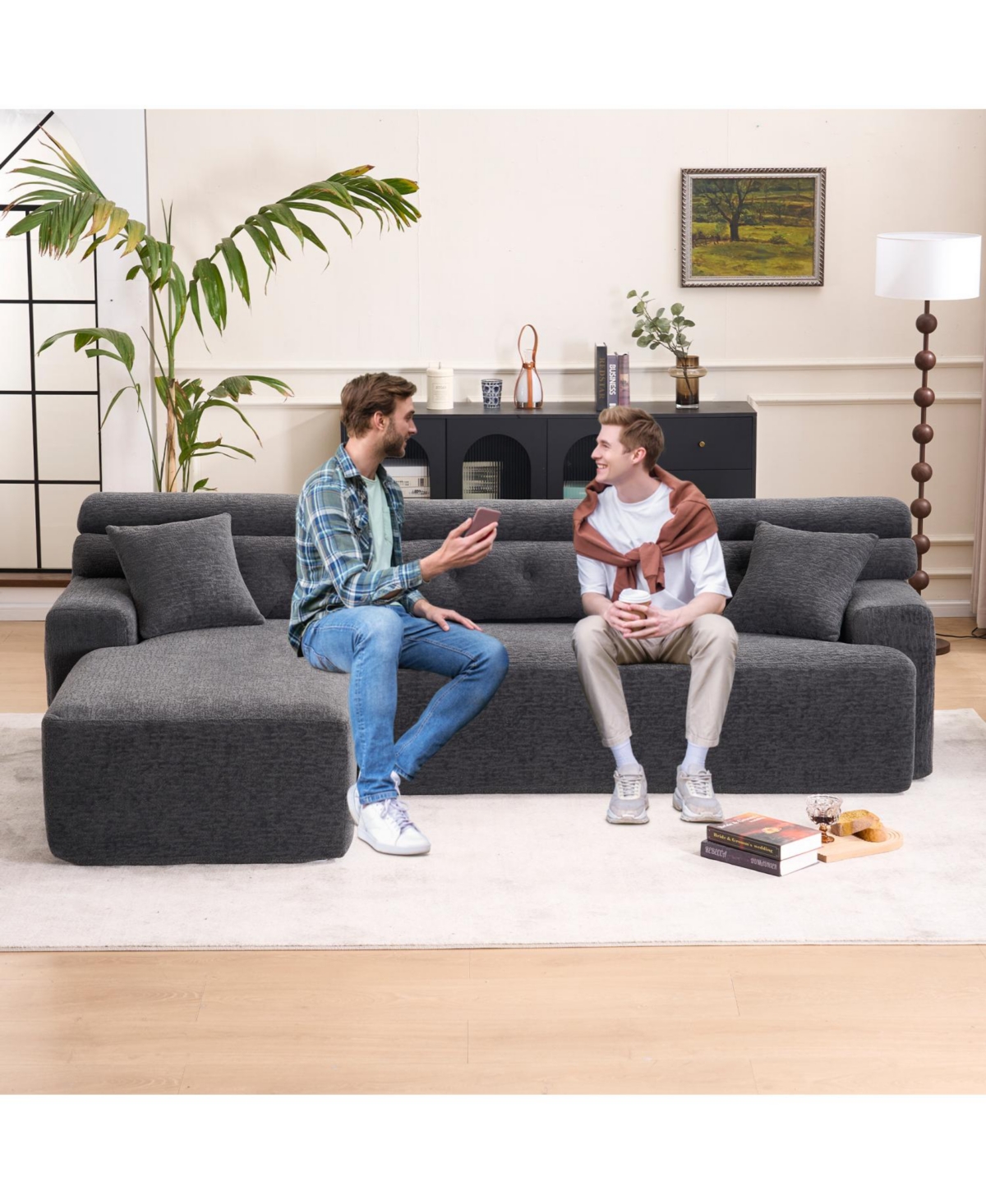 Streamdale Furniture Streamdale Grey Compression Sofa- Chaise & 3-Seater, Chenille, 2 Pillows