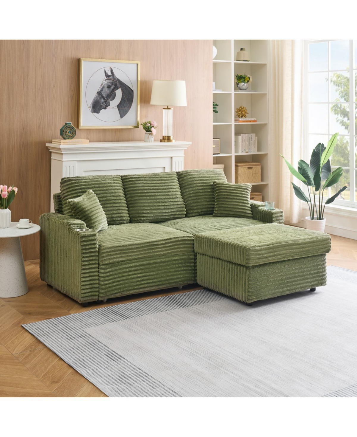 Streamdale Furniture 80" Corduroy Sofa Bed with Reclining, Footstool, & Cup Holders - Green