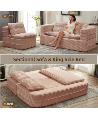 Corduroy Sectional Sofa Bed with Chaise & Blanket