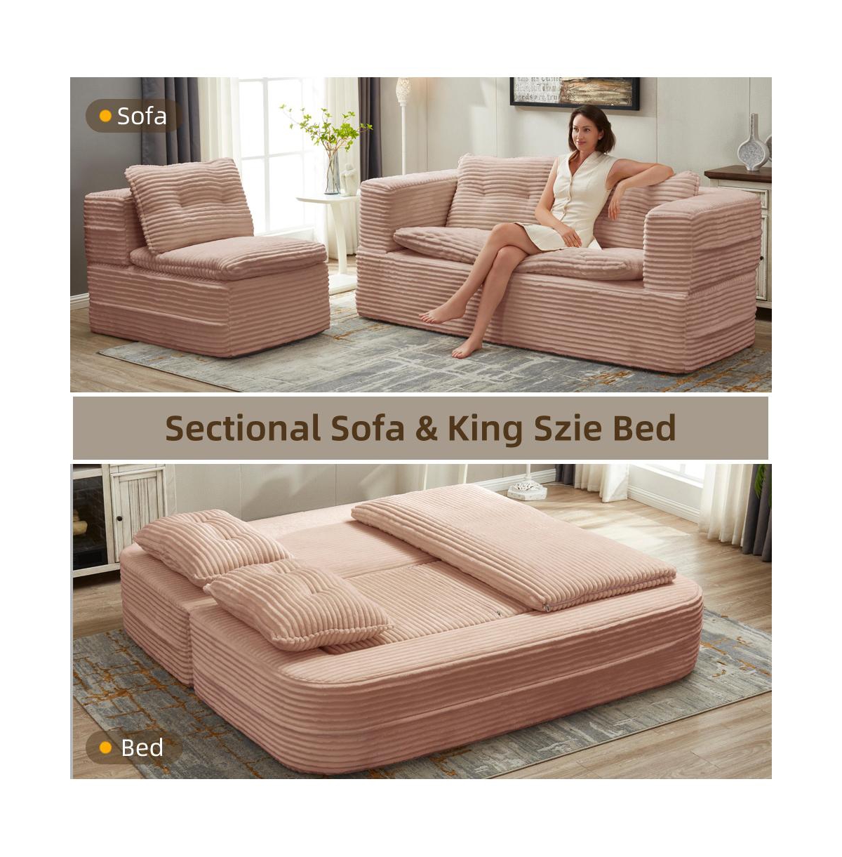 Streamdale Furniture Corduroy Sectional Sofa Bed with Chaise & Blanket