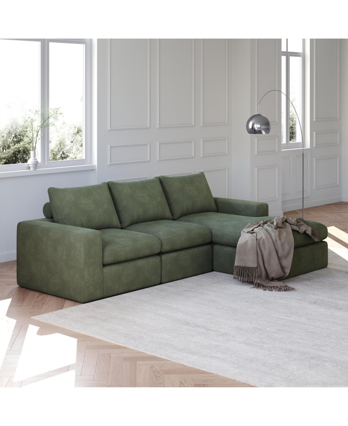 Streamdale Furniture 99" Corduroy Sectional Sofa with Chaise & 3 Pillows