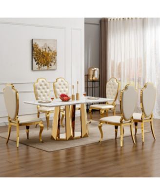 70" Faux Marble Dining Table, Mirrored Base (Gold/White)