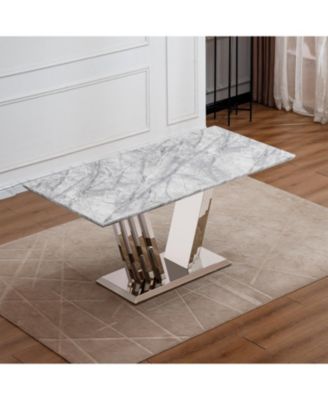 70" Faux Marble Dining Table, Mirrored Base (Silver/Grey)