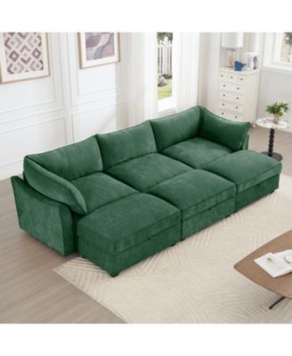 3-Seat Chenille Green Sofa with Ottomans & Storage