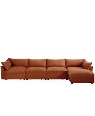 L-Shaped 4-Seat Sectional Sofa w/ Ottoman, Crescent Arms, Chenille Orange