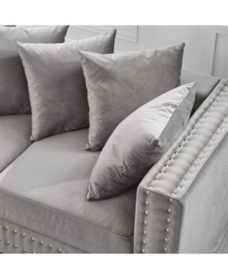 Modern Grey Velvet Loveseat with Silver Nailhead Trim