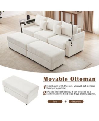 Modern 3-Seater Sofa w/ Storage, Ottomans, USB & Cup Holders – Beige