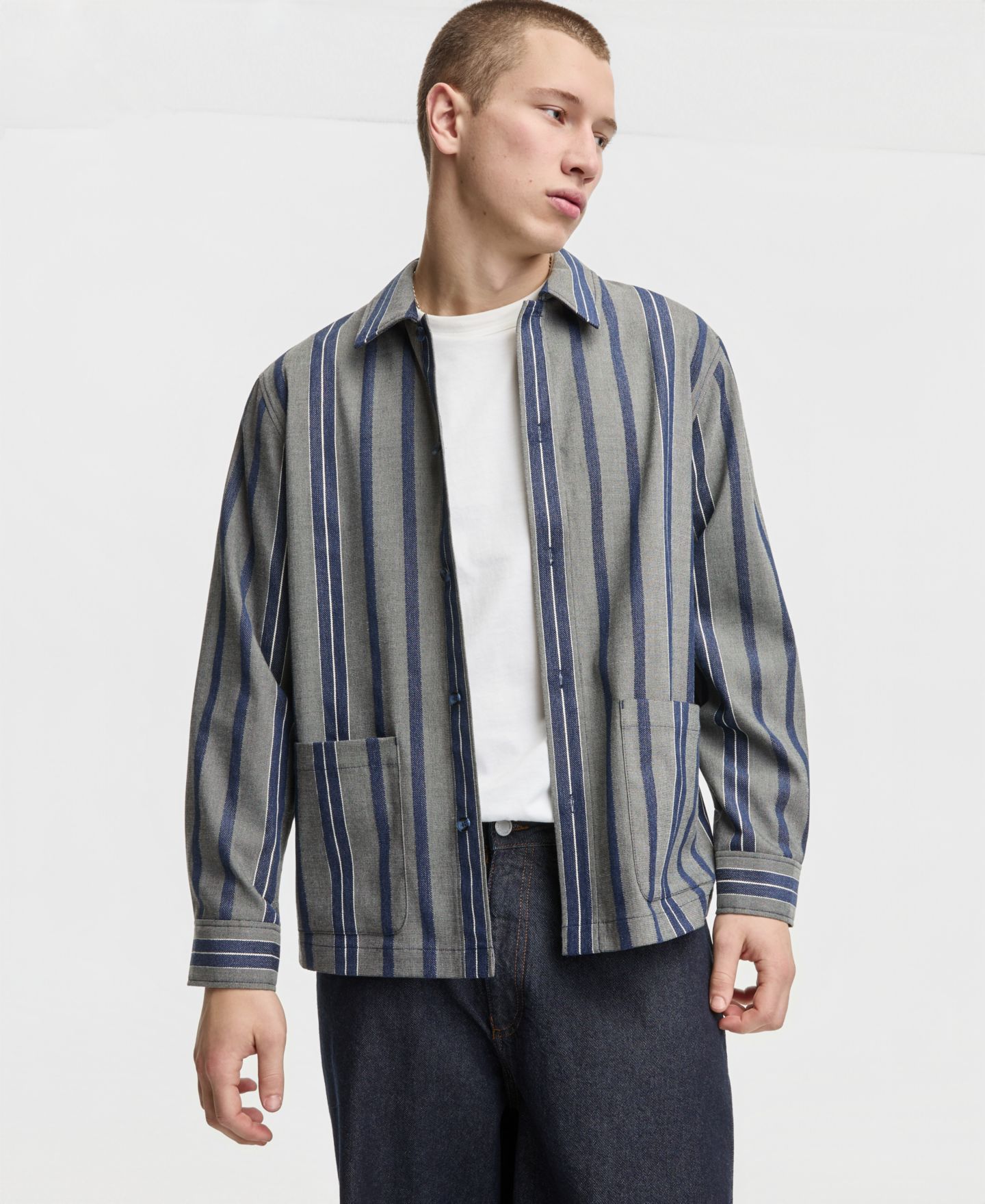 Мужская рубашка Mode of One Relaxed-Fit Striped Overshirt, цвет: Caspian Waters — фото 1