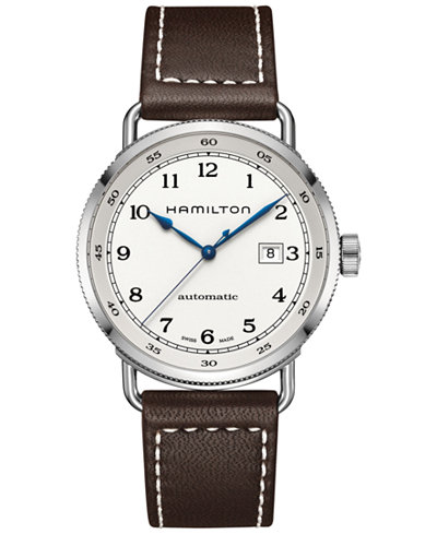 Hamilton Men's Swiss Automatic Khaki Navy Pioneer Brown Leather Strap Watch 43mm H77715553