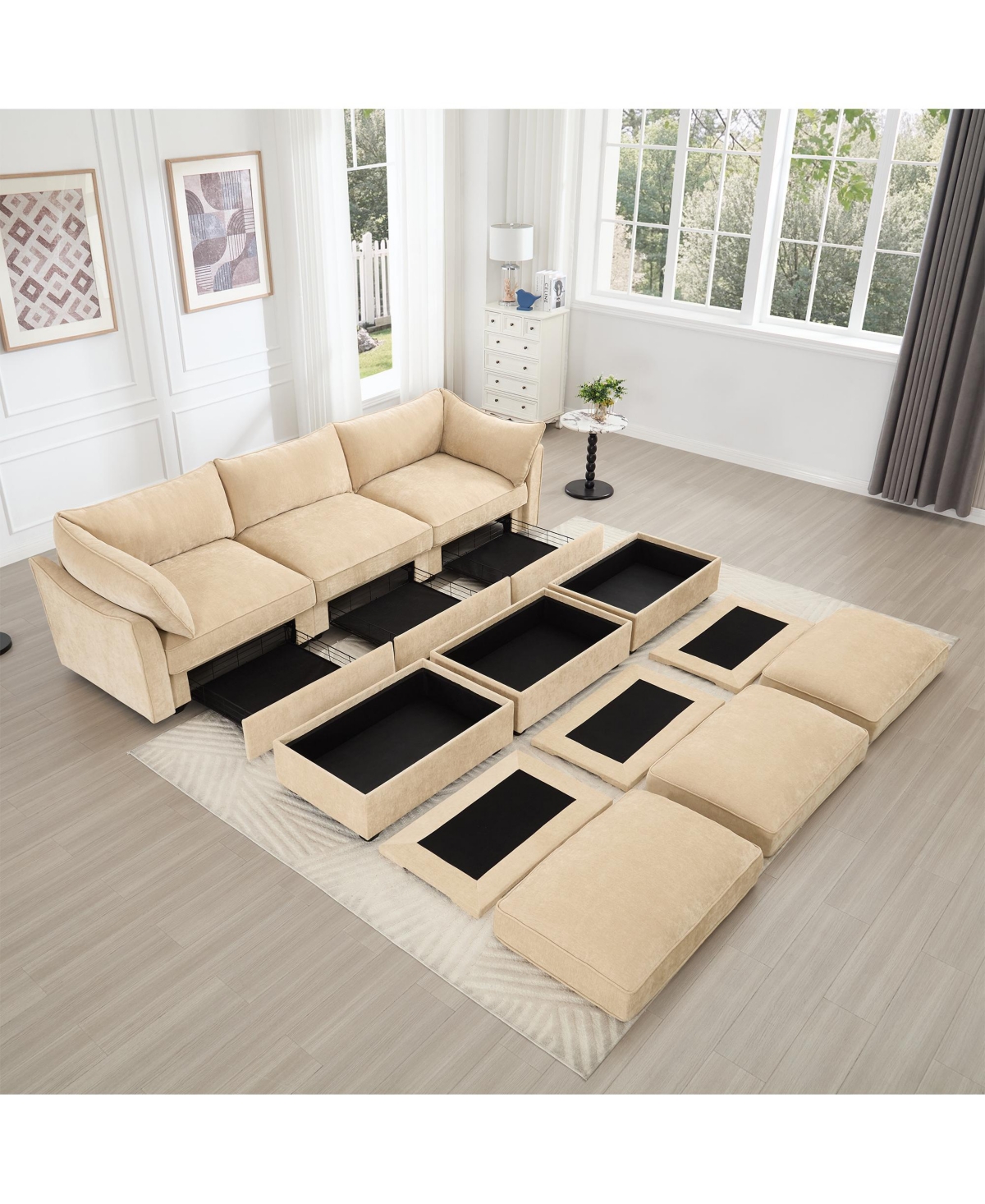 Streamdale Furniture + 3-Seater with Footstools + Chenille + Under-Seat Drawers + Sofa