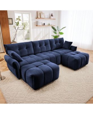 Blue Chenille 3-Seater Sofa Set with Ottoman and Pillows