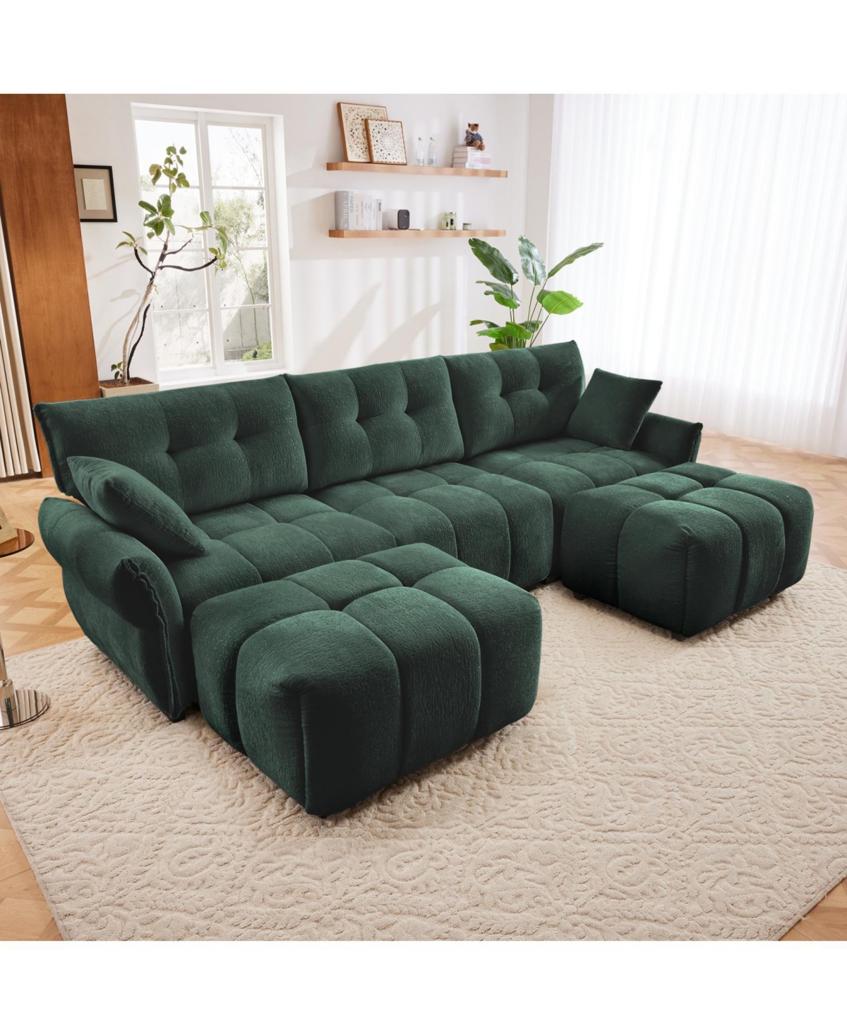 Streamdale Furniture Streamdale Green Chenille 3-Seater Sofa Set with Ottoman & Pillows