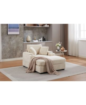 Corduroy Chaise Lounge Sofa w/ Ottoman, Storage & Cupholders